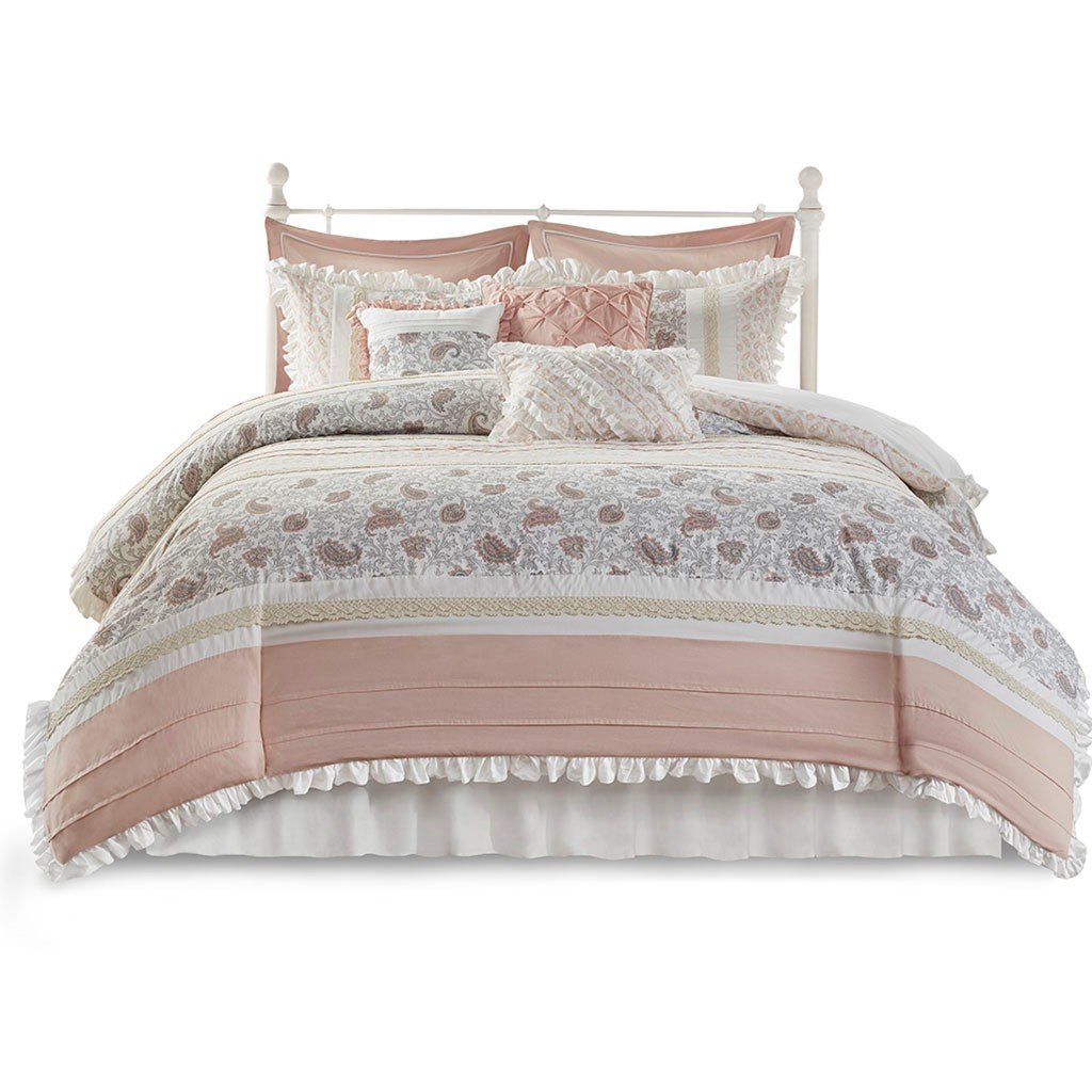 Madison Park Dawn 100% Cotton T180 9 Pcs Printing Pieced Comforter Set - Cal King - Blush MP10-6868 By Olliix