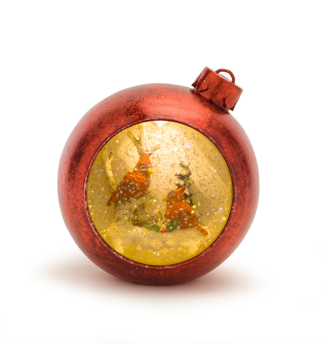 LED Snow Globe Ornament with Woodland Cardinals 6.5