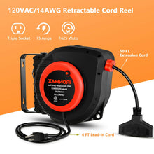 Load image into Gallery viewer, 50ft Retractable Extension Cord Reel with Triple Tap Outlet
