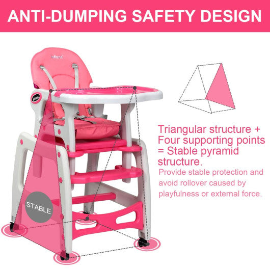 3 in 1 Baby High Chair with Lockable Universal Wheels-Pink