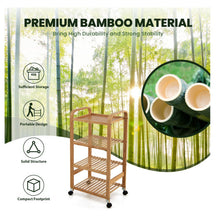 Load image into Gallery viewer, 4-Tier Bamboo Mobile Kitchen Serving Trolley Cart with Storage Shelf and Lockable Casters-Natural
