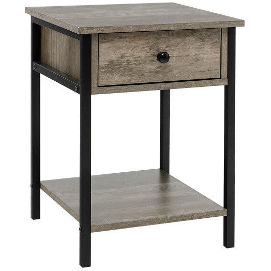 Industrial End Side Table Nightstand with Drawer Shelf-Oak