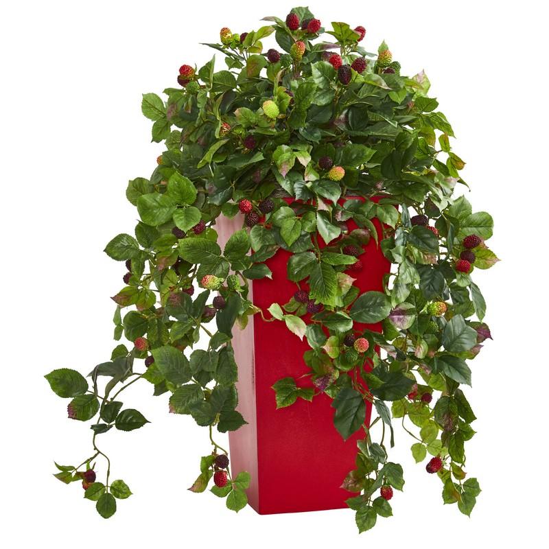 30' Rasberry Artificial Plant in Red Tower Planter