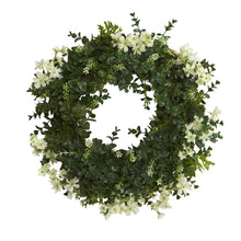 Load image into Gallery viewer, 18&quot; Eucalyptus and Dancing Daisy Double Ring Artificial Wreath with Twig Base
