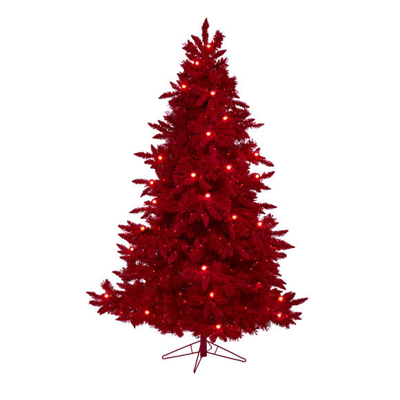 7' Red Flocked Fraser Fir Artificial Christmas Tree with 500 Red Lights