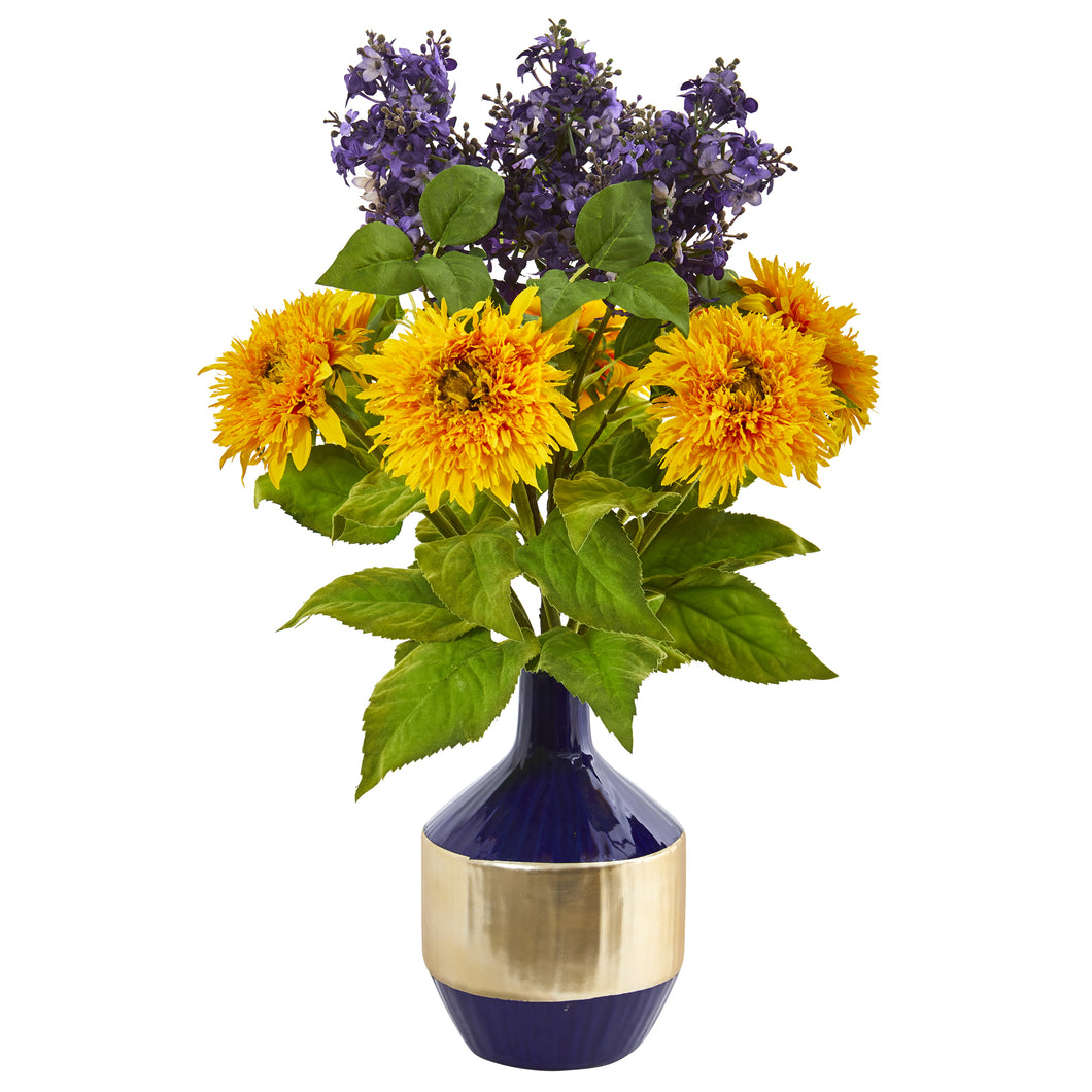 Sunflower and Lilac Artificial Arrangement in Blue and Gold Vase