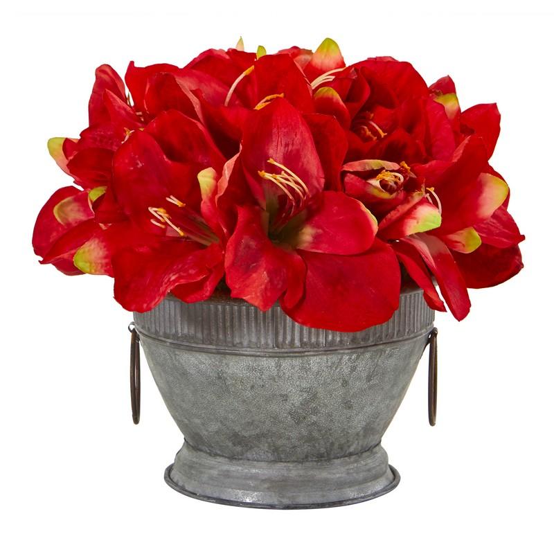 Amaryllis Arrangement in Vintage Bowl with Copper Trimming
