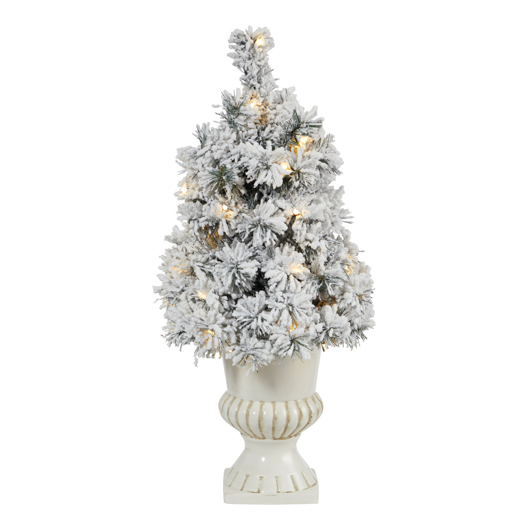 28' Flocked Artificial Christmas Tree with 30 Clear LED Lights in White Urn