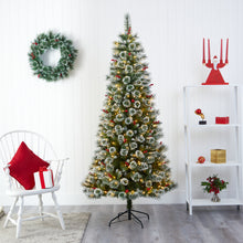 Load image into Gallery viewer, 7' Frosted Swiss Pine Artificial Christmas Tree w/ 400 Clear LED Lights &amp; Berrie
