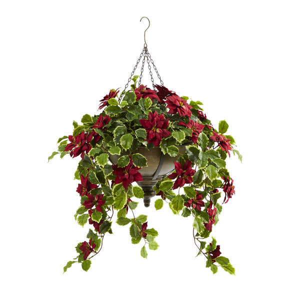 3' Poinsettia and Variegated Holly Artificial Plant in Metal Hanging Bowl
