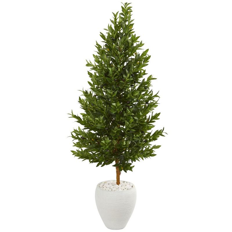 5' Olive Cone Topiary Artificial Tree in White Planter UV Resistant