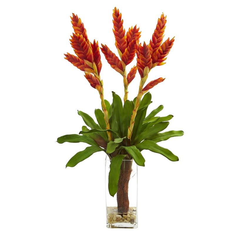 Tropical Bromeliad Artificial Arrangement in Glass Vase