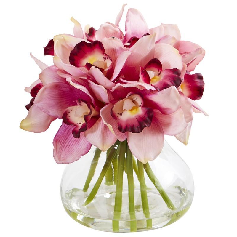 Cymbidium Orchid Artificial Arrangement in Glass Vase