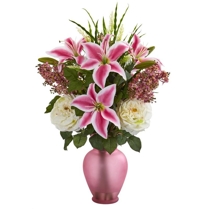 Mixed Flowers Artificial Arrangement in Rose Vase