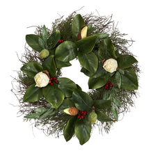 Load image into Gallery viewer, 20&quot; Cedar, Ruscus and Magnolia with Berries Artificial Wreath
