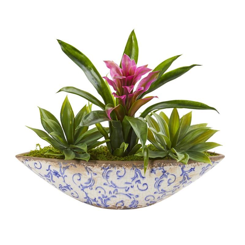Bromeliad and Agave Artificial Plant in Floral Planter