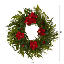 Load image into Gallery viewer, 24&quot; Mixed Fern and Hibiscus Artificial Wreath
