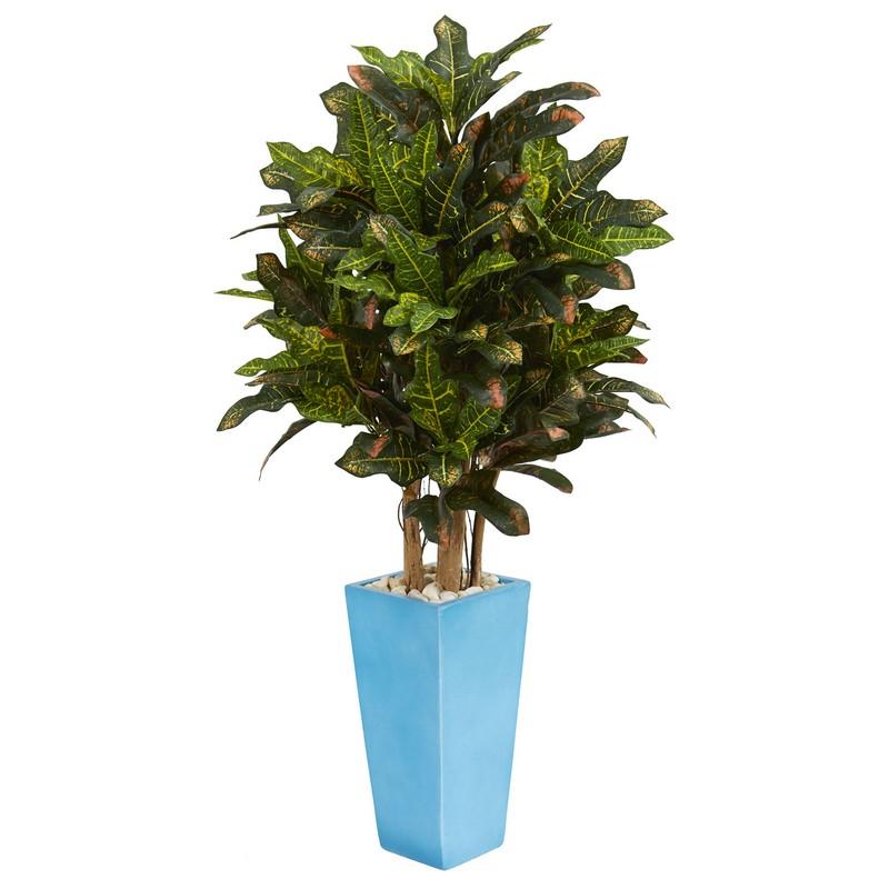 4' Croton Artificial Plant in Turquoise Planter