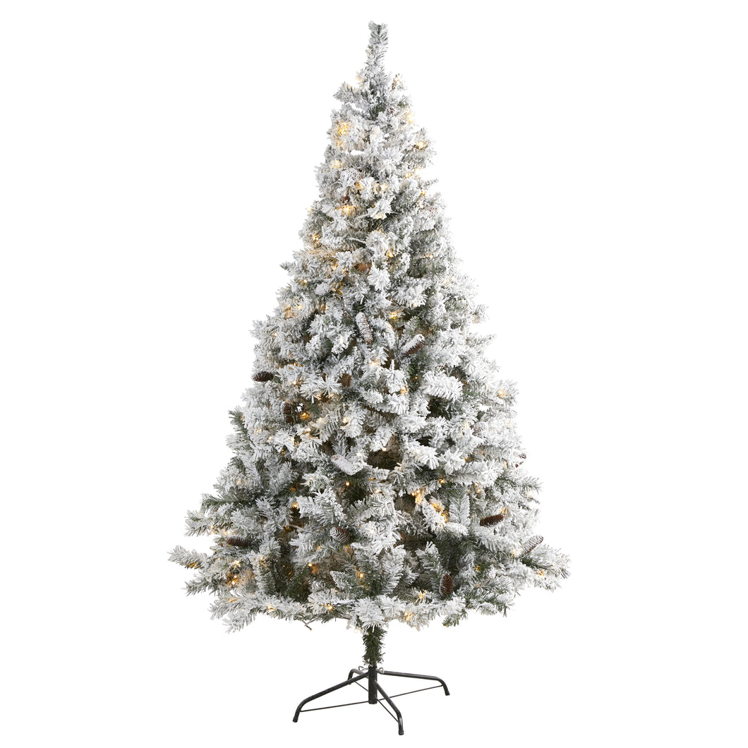7' Flocked White River Mountain Pine Artificial Christmas Tree w/ Pinecones