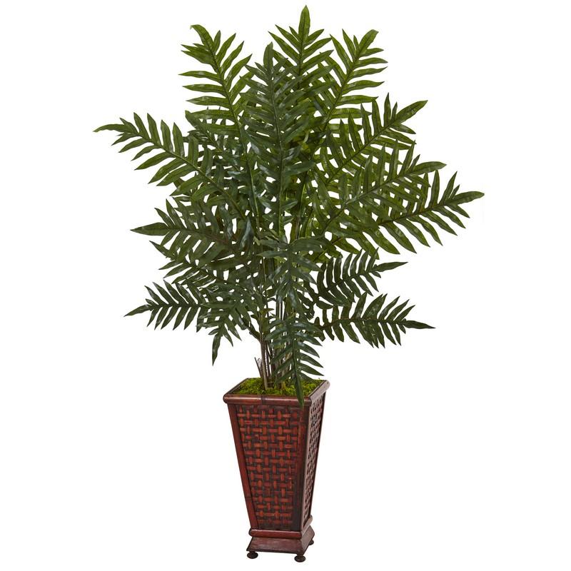 4' Evergreen Plant In Decorative Wood Planter 6321 By Nearly Natural