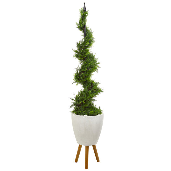 6' Cypress Artificial Spiral Topiary Tree in White Planter with Stand