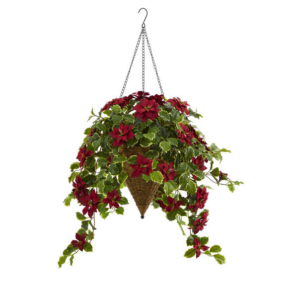 3.5' Poinsettia and Variegated Holly Artificial Plant in Hanging Cone Basket