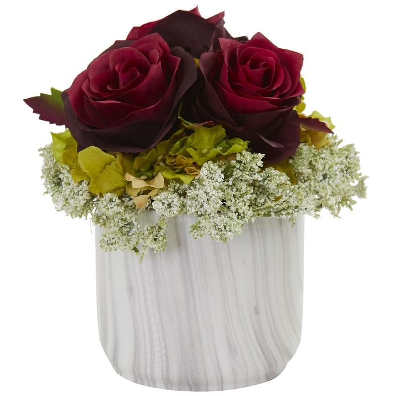Rose and Hydrangea Artificial Arrangement in Marble Finished Vase