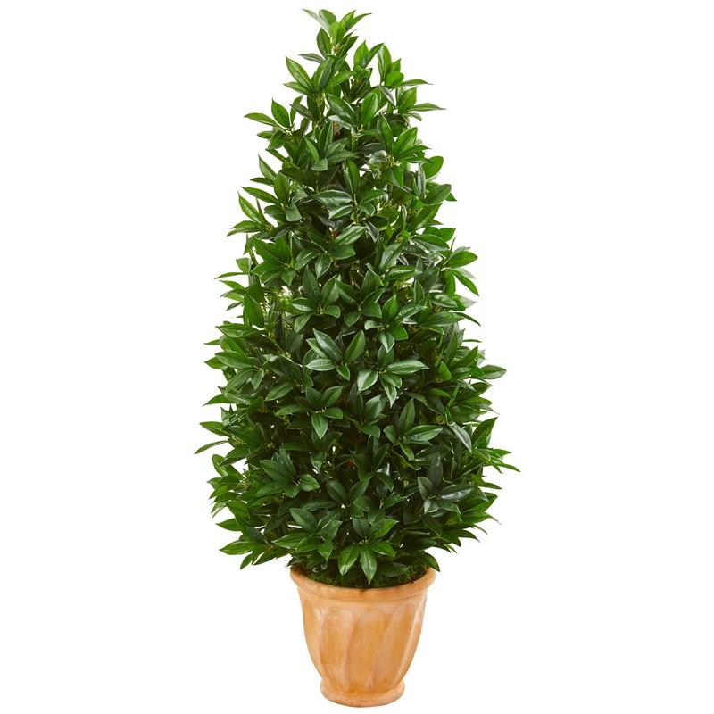 4.5' Bay Leaf Cone Topiary Artificial Tree in Terra Cotta Planter UV Resistant