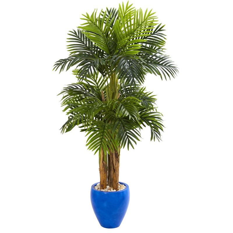 5' Triple Areca Palm Artificial Tree In Glazed Blue Planter