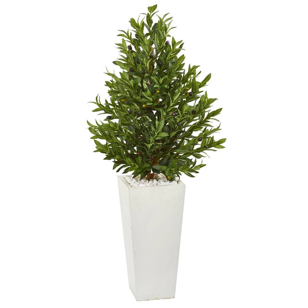 4' Olive Cone Topiary Artificial Tree in White Planter UV Resistant