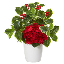 Load image into Gallery viewer, 14&quot; Hydrangea and Holly Leaf Artificial Arrangement in White Vase
