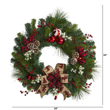Load image into Gallery viewer, 24&quot; Christmas Pine Artificial Wreath with Pine Cones and Ornaments
