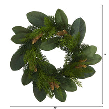 Load image into Gallery viewer, 16&quot; Magnolia Leaf and Mixed Pine Artificial Wreath with Pine Cones
