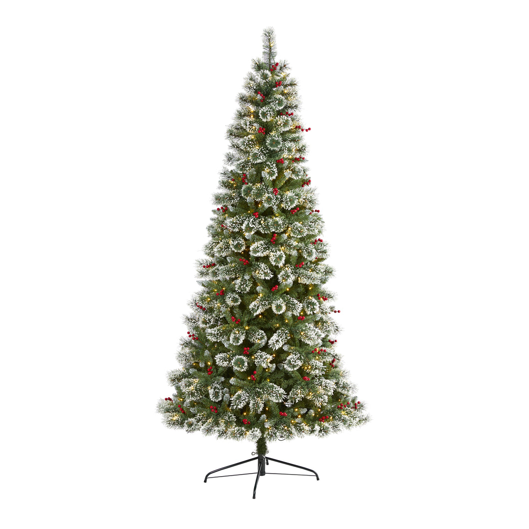 8' Frosted Swiss Pine Artificial Christmas Tree w/ 550 Clear LED Lights & Berrie