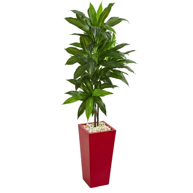 5' Dracaena Artificial Plant in Red Planter (Real Touch)