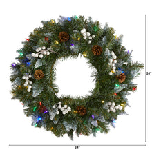 Load image into Gallery viewer, 24&quot; Snow Tipped Artificial Christmas Wreath with 50 Multicolored LED Lights
