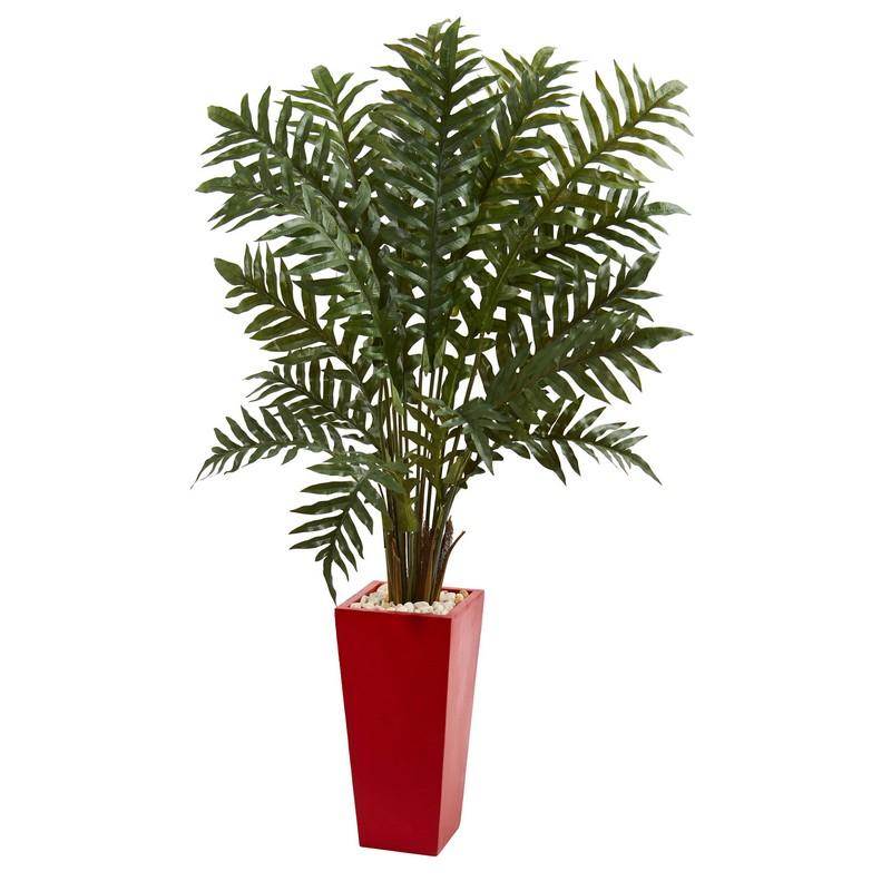 4.5' Evergreen Artificial Plant In Red Tower Vase 6425 By Nearly Natural