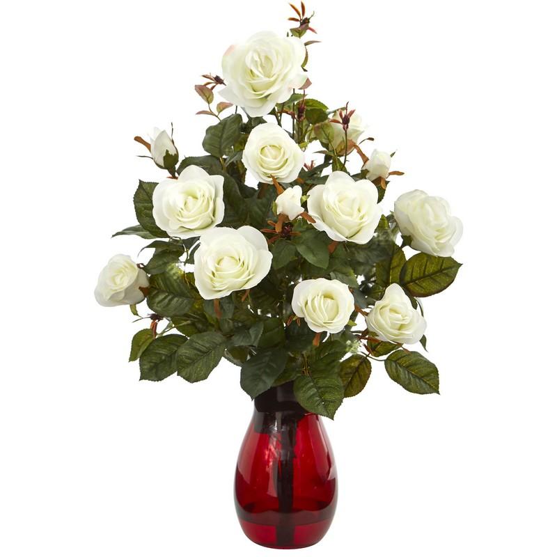 Garden Rose Artificial Arrangement in Red Vase