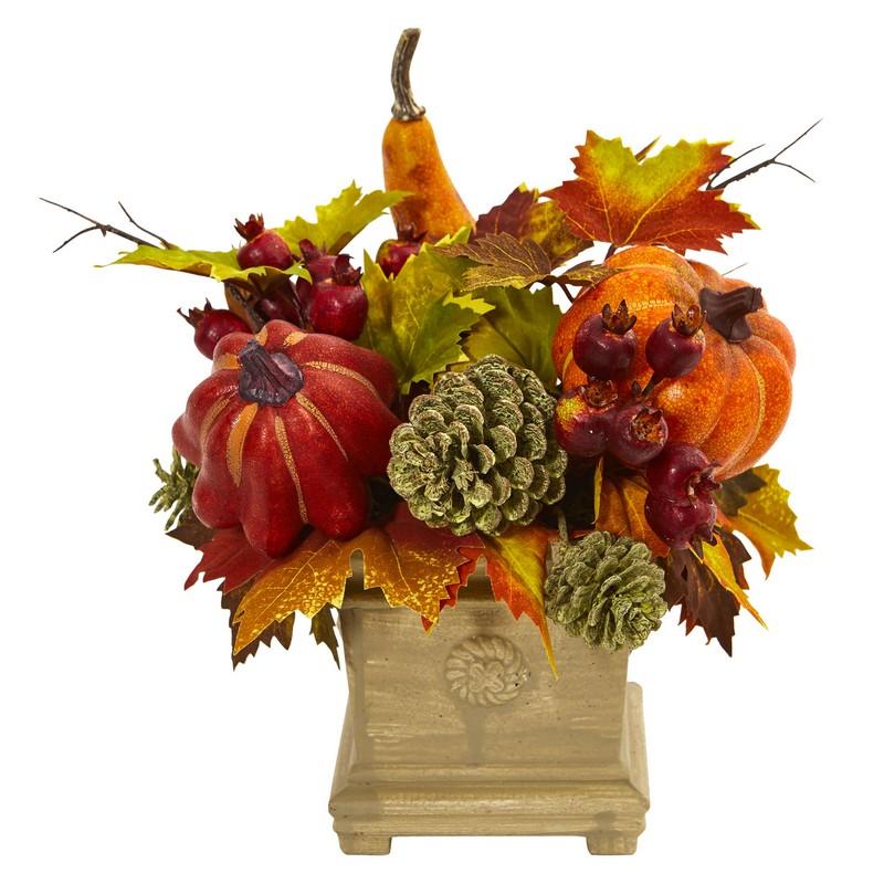 Pumpkin, Gourd, Berry And Maple Leaf Artificial Arrangement By Nearly Natural