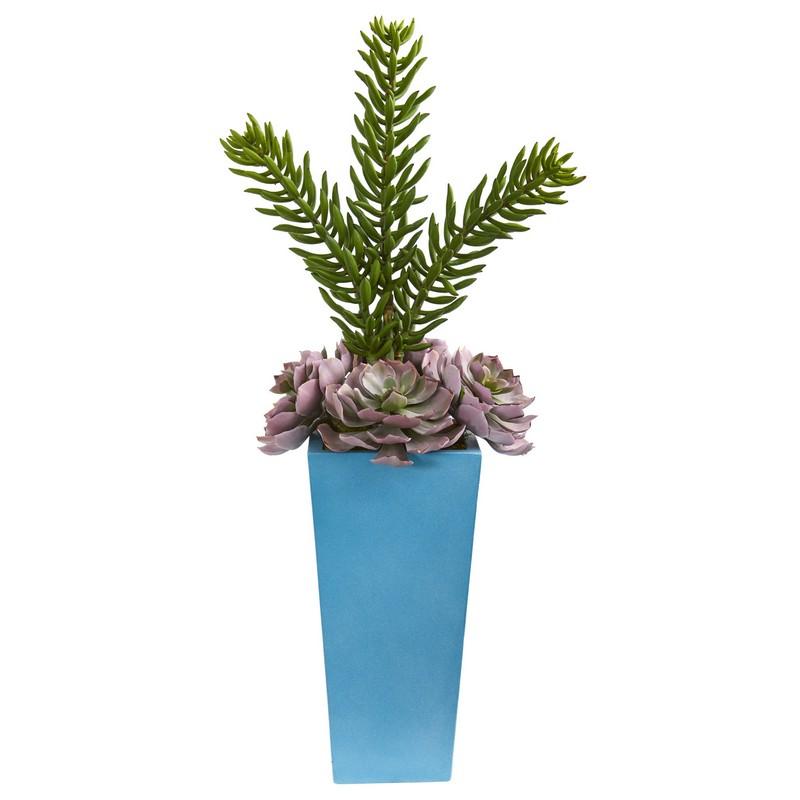 33' Echeveria and Spiky Succulent Artificial Plant in Blue Planter