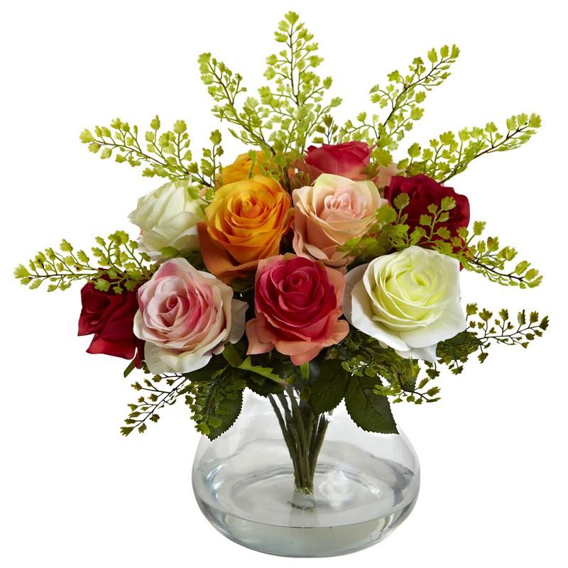 Rose & Maiden Hair Arrangement With Vase 1366-AS By Nearly Natural