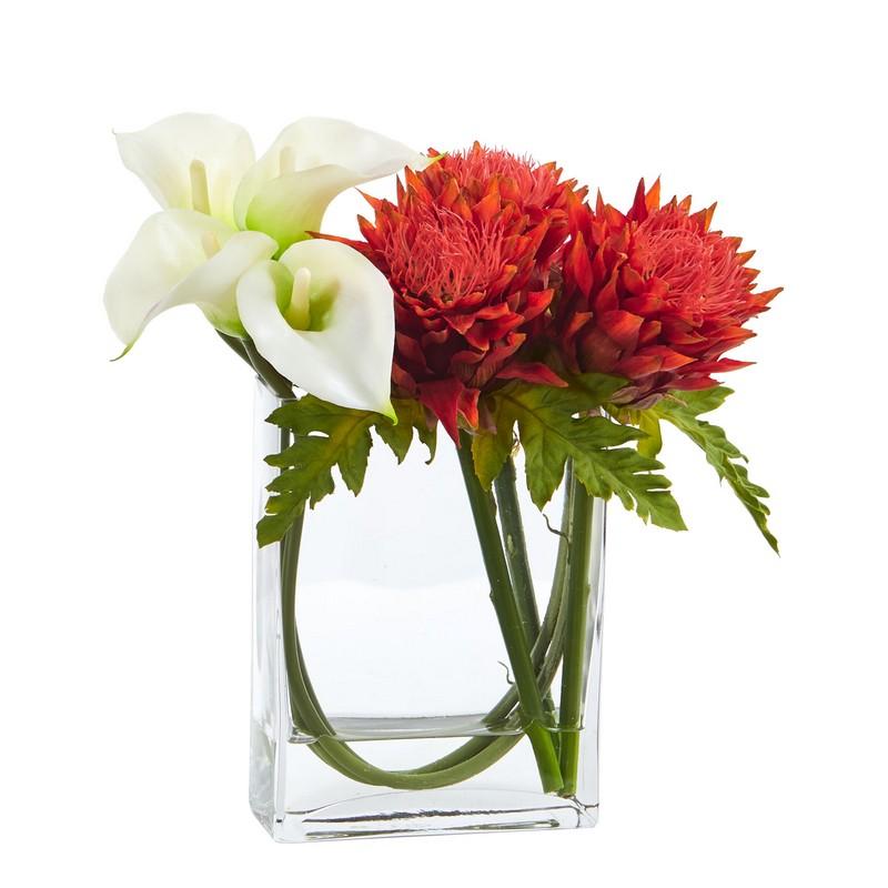 12'' Calla Lily and Artichoke in Rectangular Glass Vase Artificial Arrangement