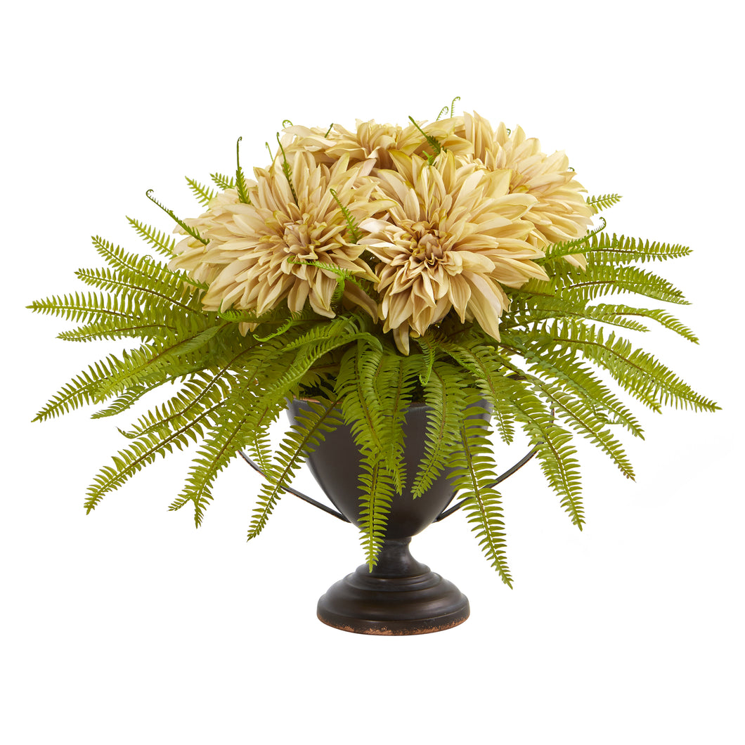 Dahlia and Fern Artificial Arrangement in Metal Goblet