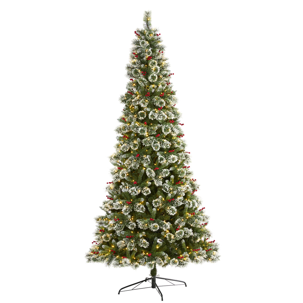 9' Frosted Swiss Pine Artificial Christmas Tree w/ 700 Clear LED Lights & Berrie