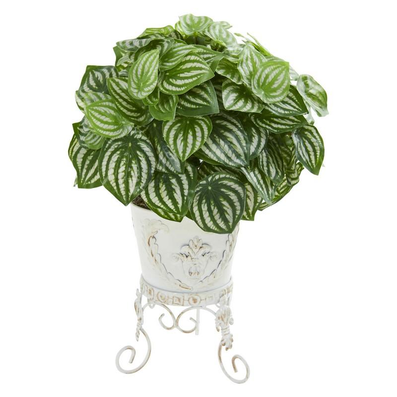 Watermelon Peperomia Artificial Plant in Metal Planter (Real Touch)
