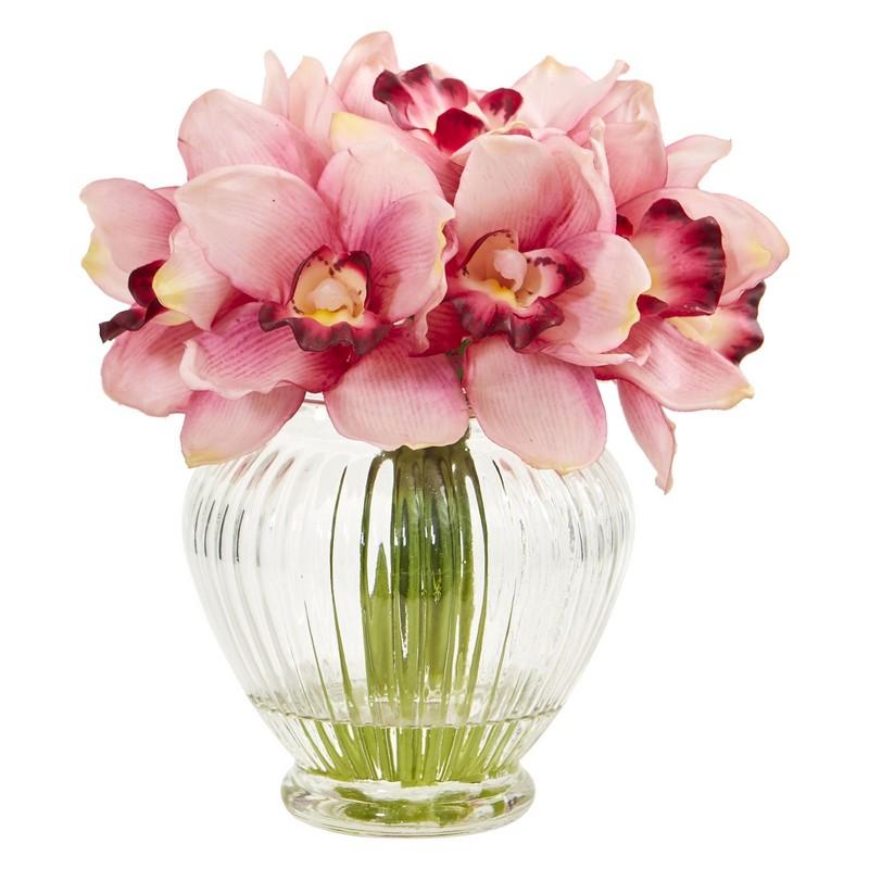 Cymbidium Orchid Artificial Arrangement in Glass Vase