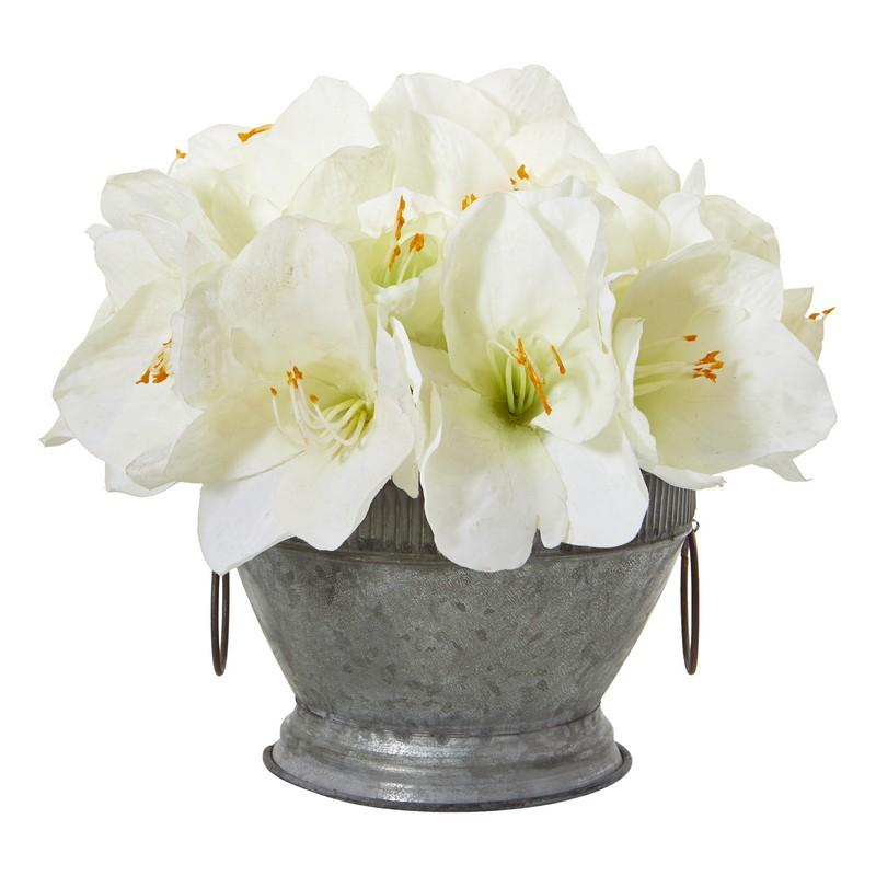 Amaryllis Arrangement in Vintage Bowl with Copper Trimming