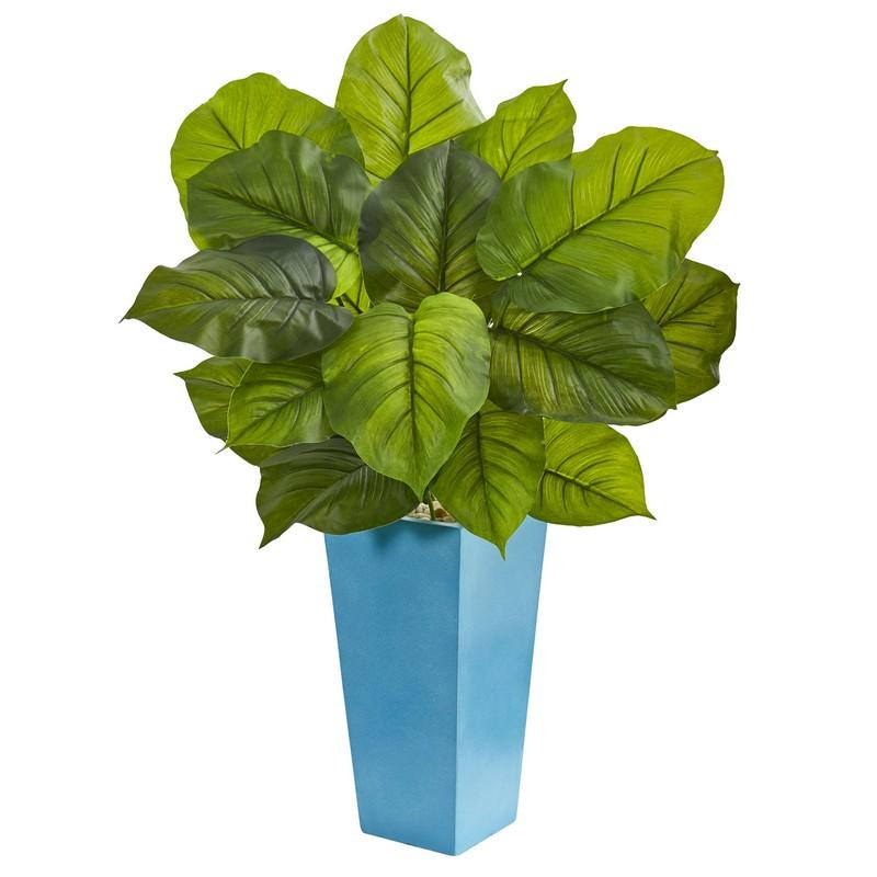 3' Large Leaf Philodendron Artificial Plant in Turquoise Planter (Real Touch)