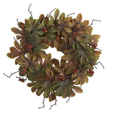 Load image into Gallery viewer, 24&quot; Fatsia with Berries Autumn Artificial Wreath
