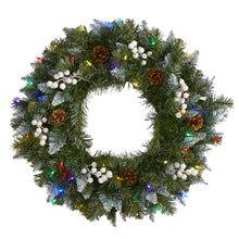 Load image into Gallery viewer, 24&quot; Snow Tipped Artificial Christmas Wreath with 50 Multicolored LED Lights
